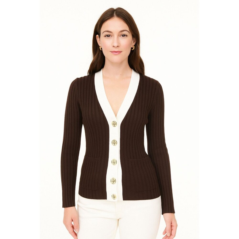 Tory Burch Ribbed Cotton Brown & Cream Button Down Cardigan S